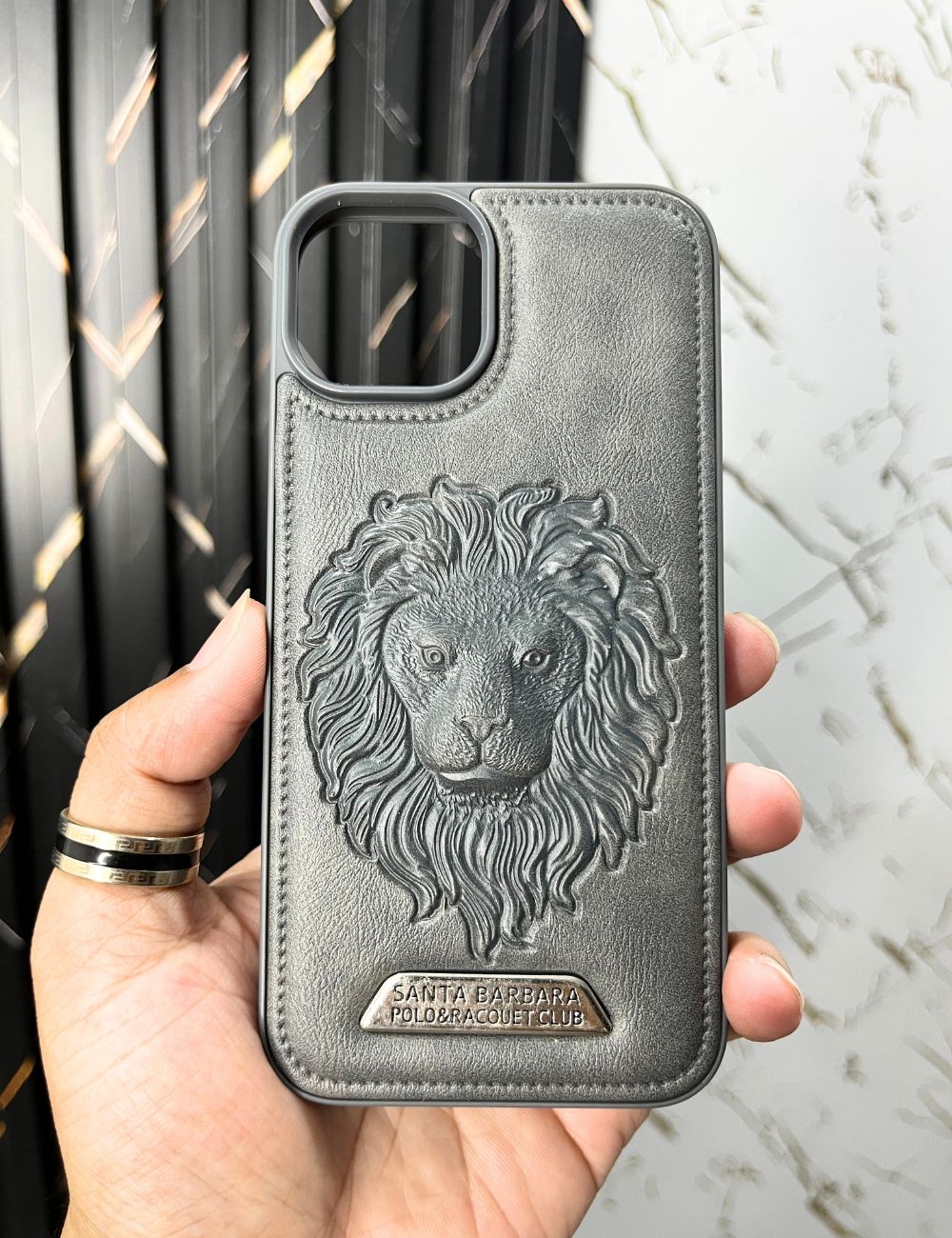 Titanium Grey Lion Engraved Luxury Designer Case For Apple Iphone 14