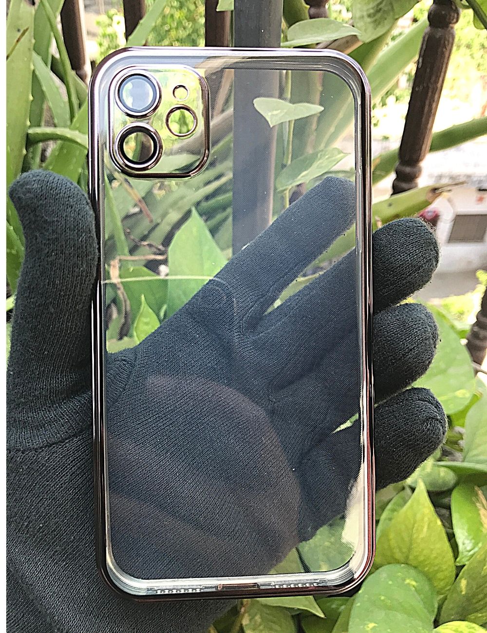 Black metallic chrome with lense transparent case for Apple Iphone 11